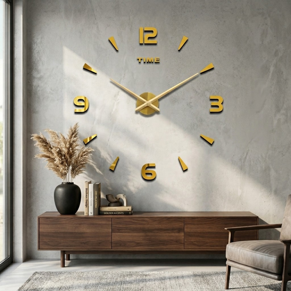 Large wall clock with gold numbers in a modern living room setting.