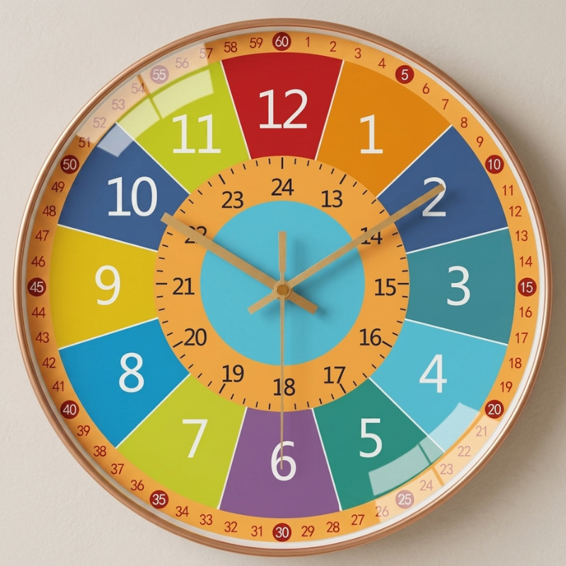 Colorful circular clock with numbered segments on a beige background