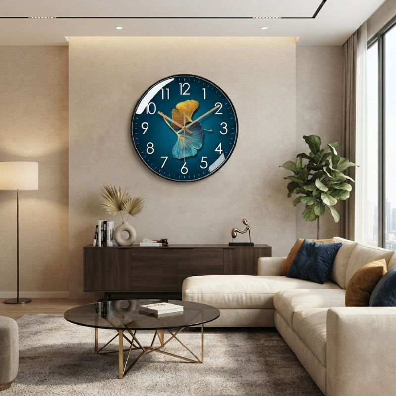 Decorative wall clock in a modern living room setting with a couch, coffee table, and decorative items.