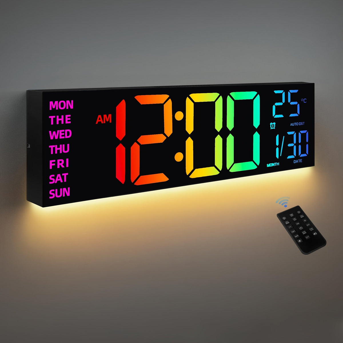Wall Clock LED Digital RGB USB Powered Remote Control 41.9 x 12.7 cm ...