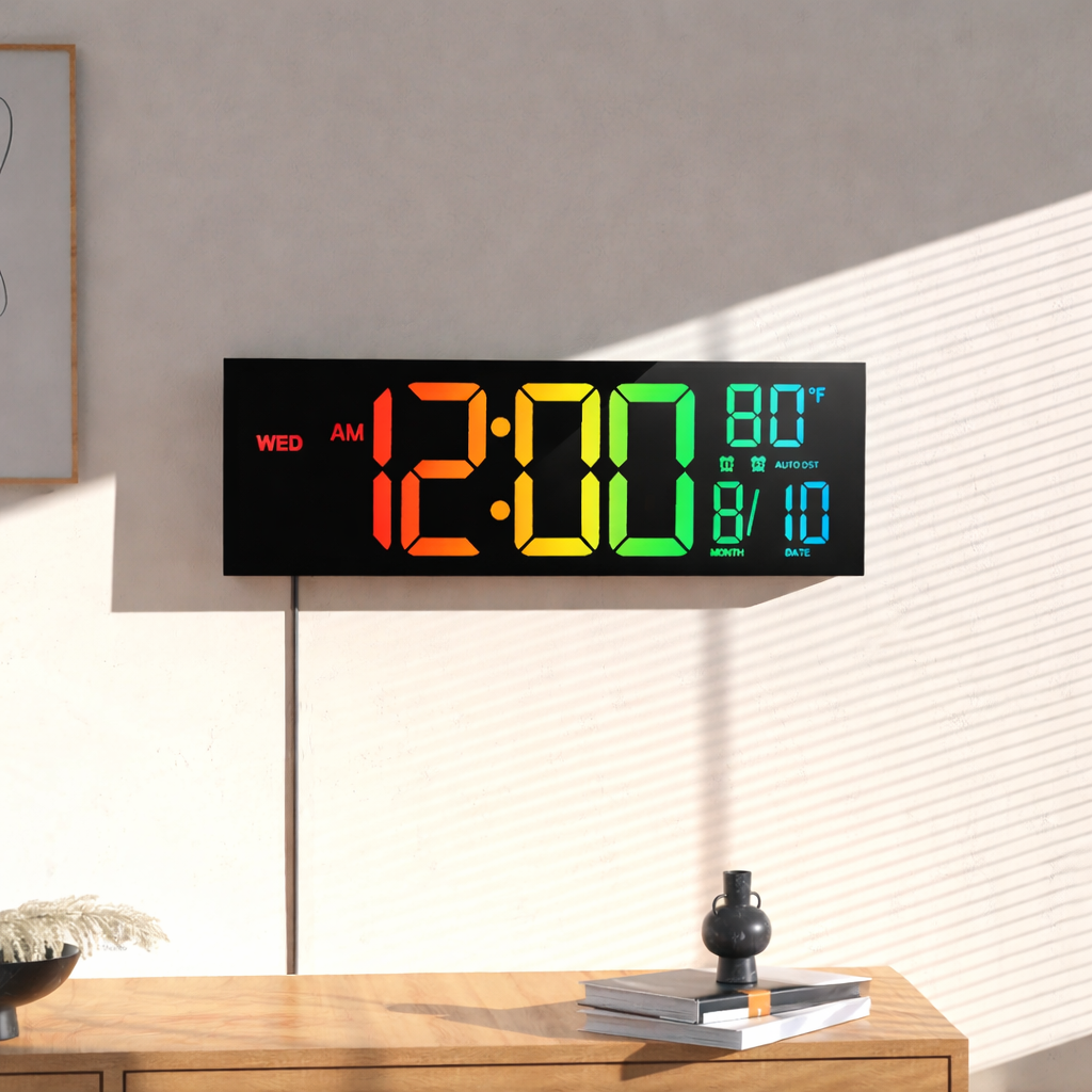 Wall Clock LED Digital RGB USB Powered Remote Control 41.9 x 12.7 cm 5