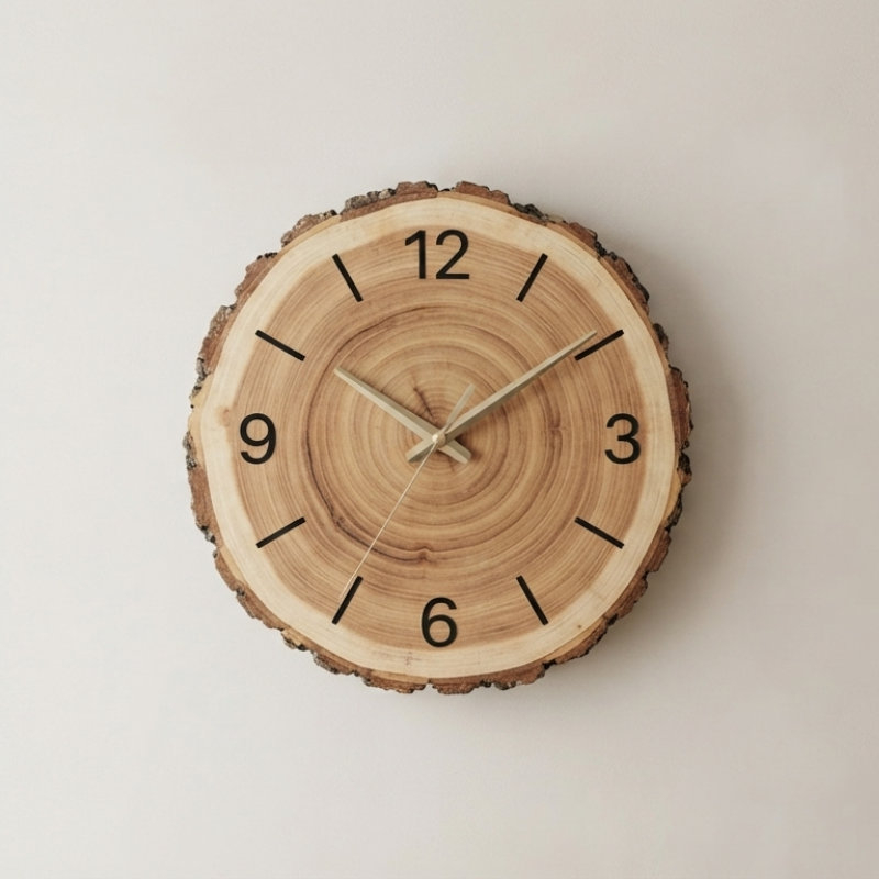 Wooden clock with tree ring design on a plain background