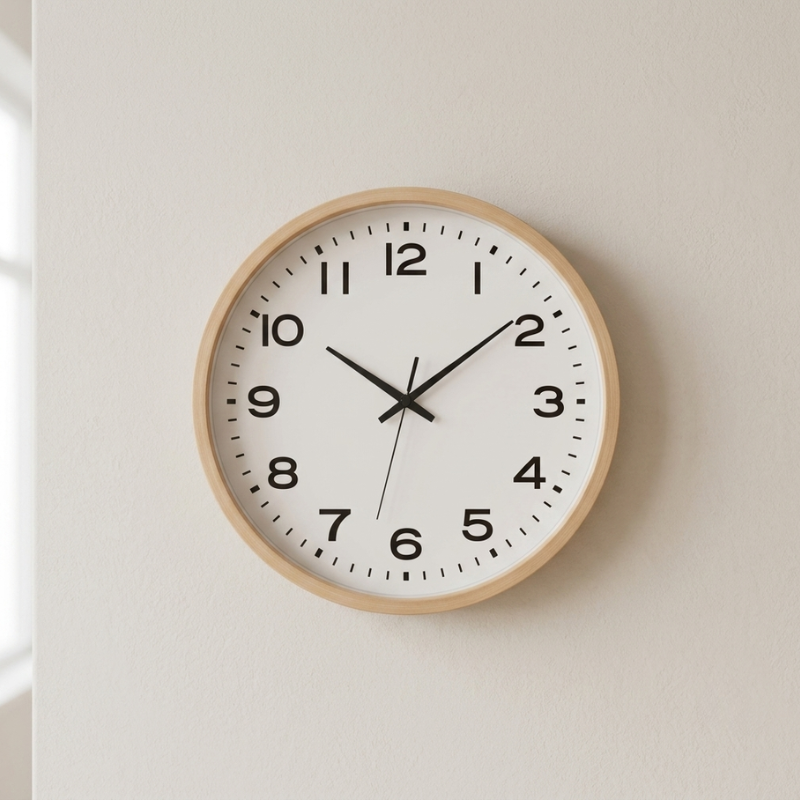 A minimalist analog wall clock with a light natural wood frame, white face, and black numerals and hands, mounted on a warm off-white wall.