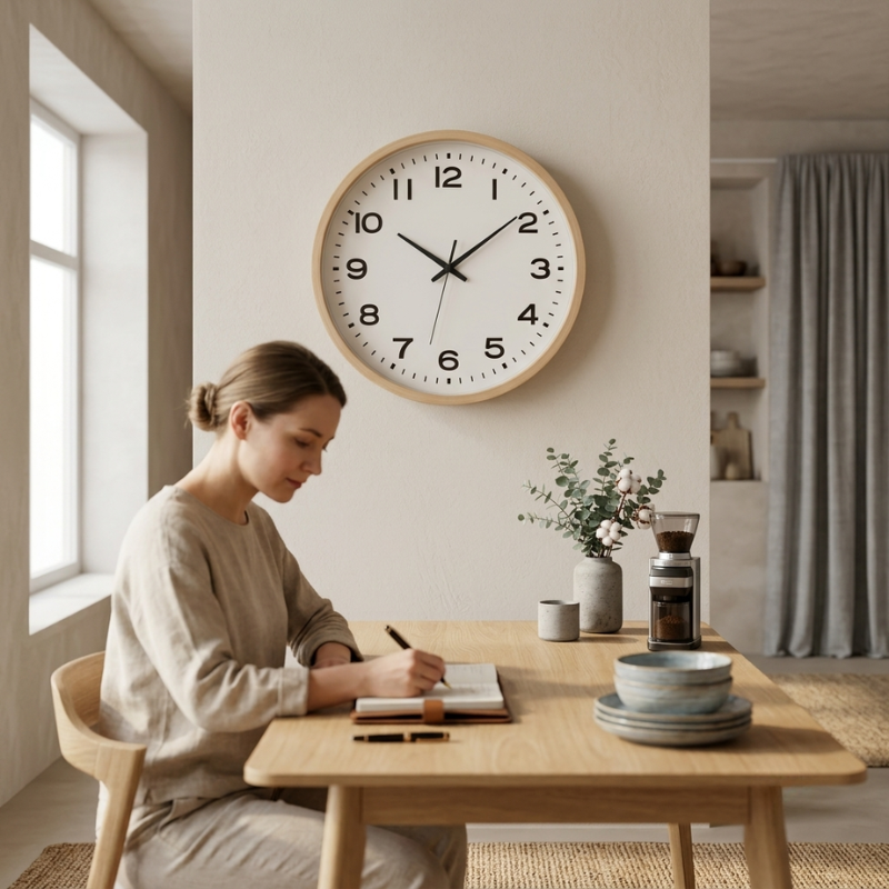 A woman sits at a wooden dining table writing in a notebook in a bright, modern room. A large round wall clock with a light wood frame and white face hangs on the wall behind her.