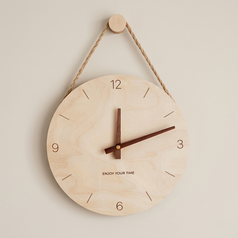 Wall Clock Wood Minimalist Design Silent Movement Battery Powered Rope Hanging 00