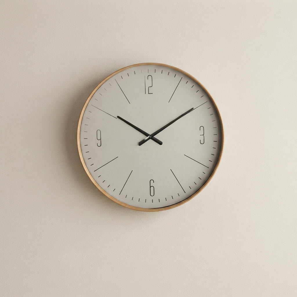 A minimalist round wall clock with a light wood frame, white face, and black hands, mounted on a plain beige wall.