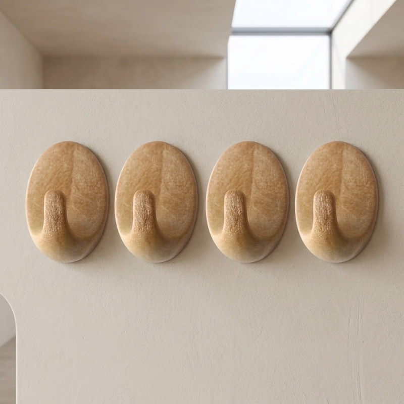 Four wooden wall hooks on a light beige wall.