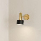 Wall-mounted light fixture with gold and black design on a neutral wall.
