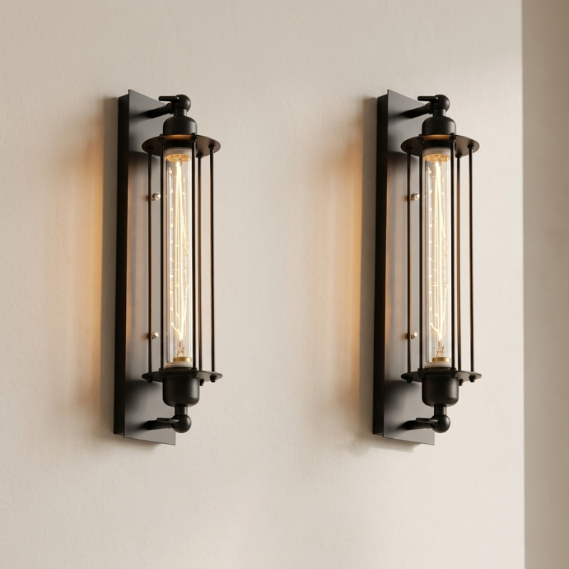 Two black wall sconces with glass covers on a beige wall.
