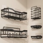Set of black wall-mounted shelves on a tiled wall