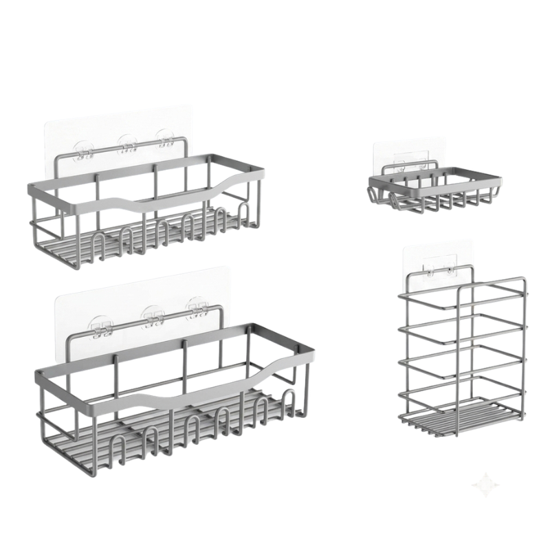 Set of metal wall-mounted shelves on a white background