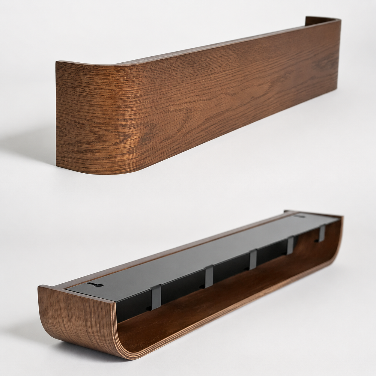 Wooden shelf with a sleek design on a white background