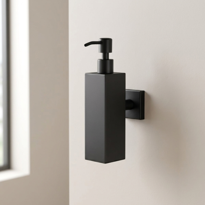 A matte black rectangular wall-mounted soap dispenser with a pump, mounted on a beige wall next to a window.