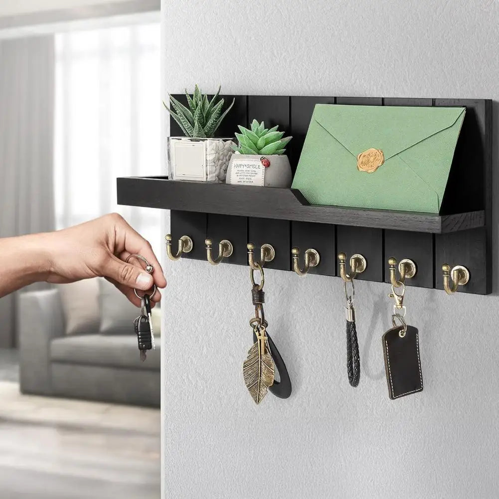 Wall Mounted Key Organizer, 7 Hooks, Storage Shelf, Entryway Design 3