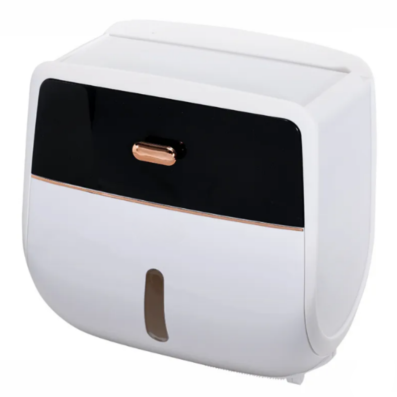 White and black rectangular device with a metallic button on a white background