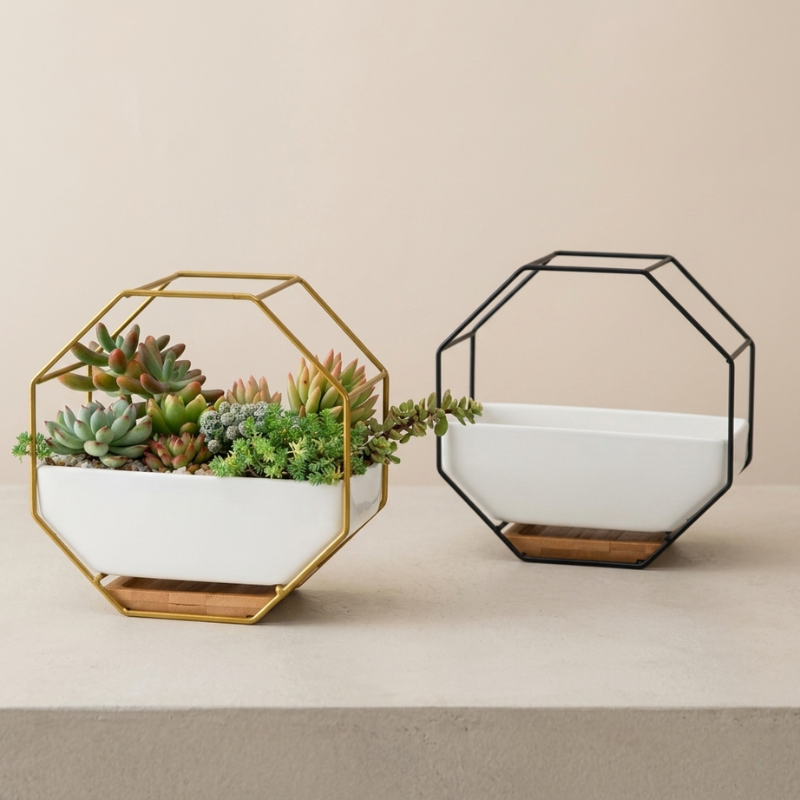 Wall Planter Ceramic Iron Frame Bamboo Tray