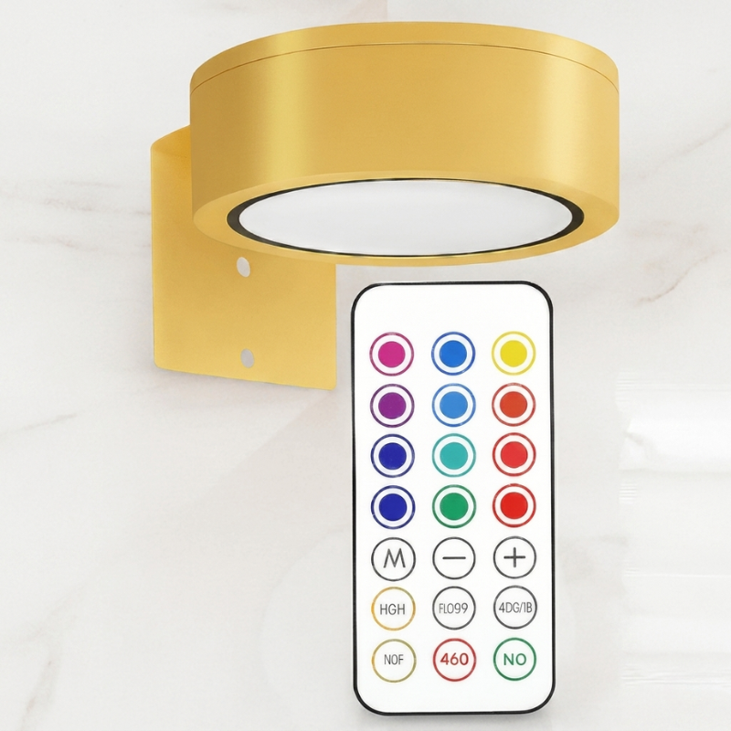 Gold ceiling light fixture with a remote control on a white background