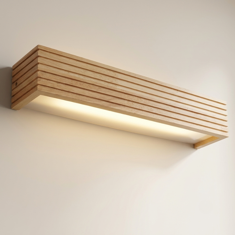 A modern rectangular wall sconce with a natural wood slat design and warm LED lighting, mounted on a plain off-white wall.