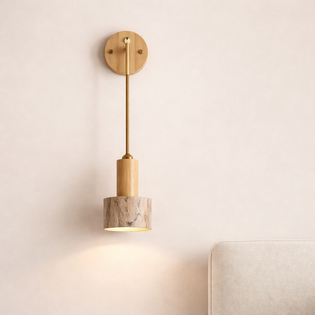 Wall Sconce Wood Travertine Cylinder 12 to 16 cm Width Hardwired Indoor Light