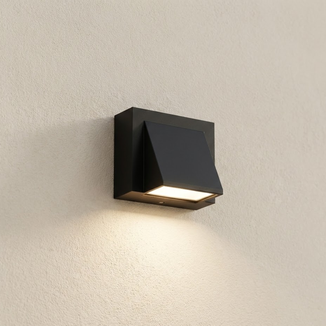 Modern black wall-mounted outdoor light fixture on a neutral wall.