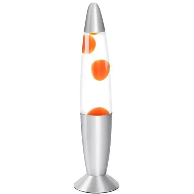 Lava lamp with orange and silver design on a white background