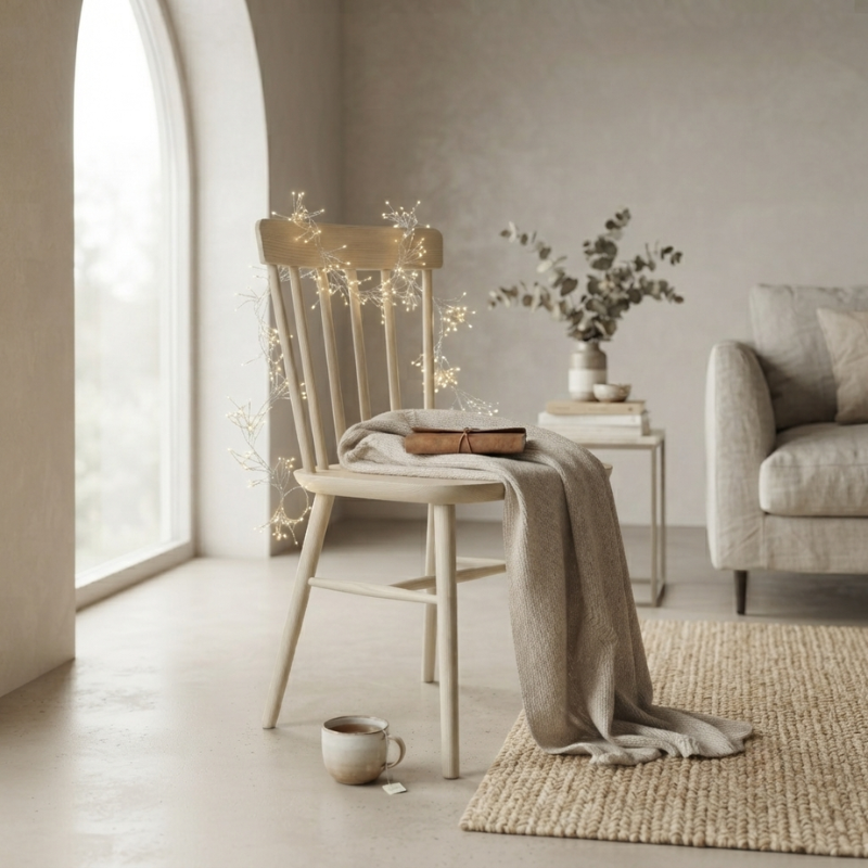 A light natural wood spindle-back chair in a softly styled living room, draped with a beige throw blanket and a small book, with warm fairy lights glowing behind it. A sofa, side table, and woven rug are visible in the background.