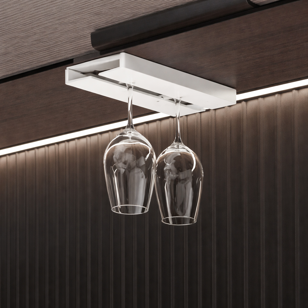 Modern ceiling light fixture with glass shades against a wooden panel background