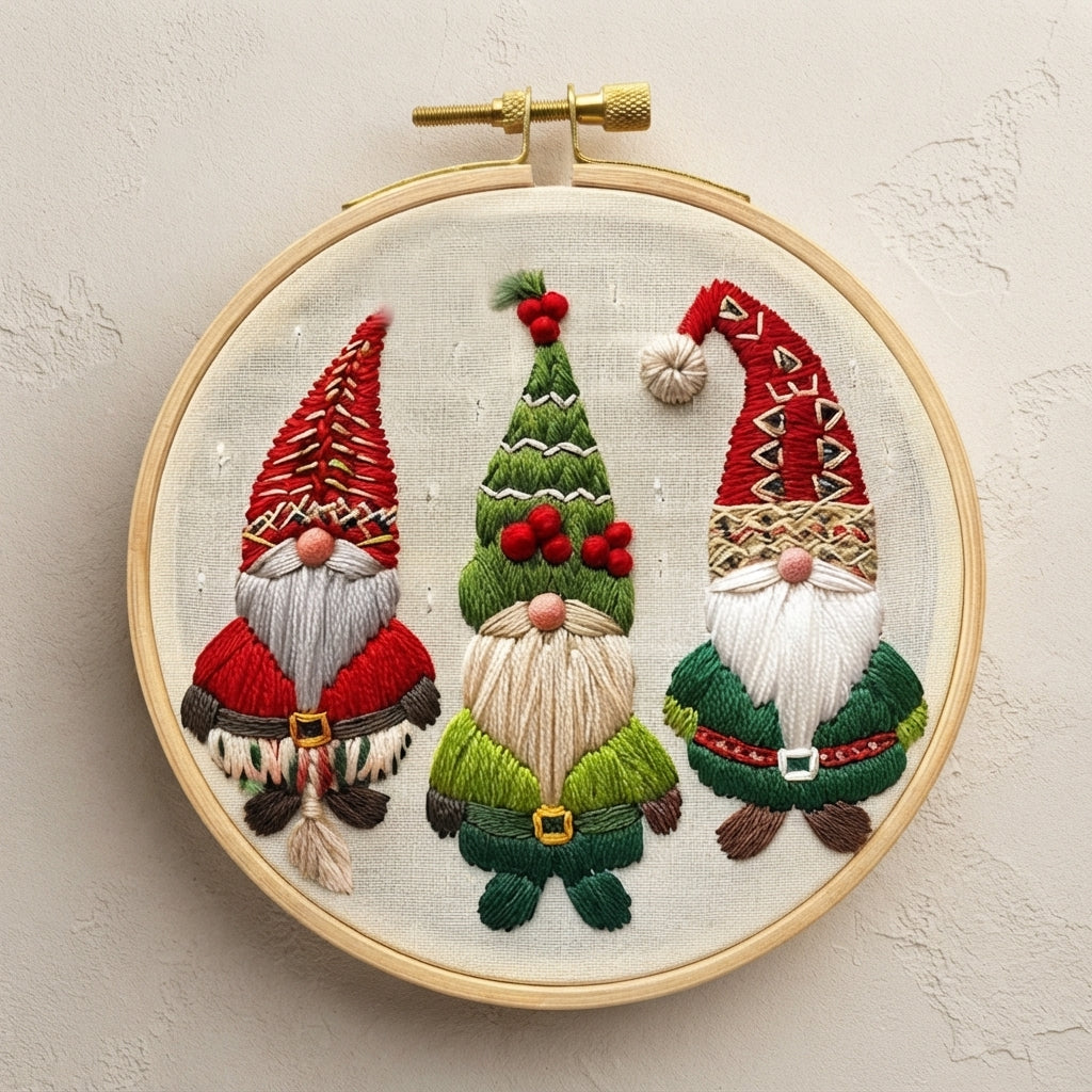 A circular embroidery hoop containing three festive embroidered Christmas gnomes on a light beige fabric background, photographed against a textured off-white wall.