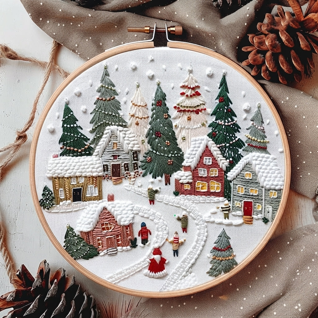 A circular embroidery hoop displays a detailed Christmas village scene with embroidered houses, snow, pine trees, and small figures, styled with brown fabric and pinecones on a light surface.