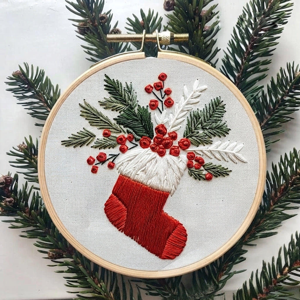 A round embroidery hoop displays a festive Christmas stocking design with green pine branches, red berries, and a white snowflake motif on a light fabric background, surrounded by real pine branches.