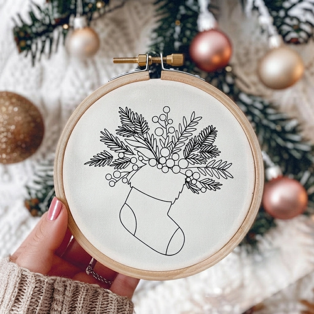 A hand holds a wooden embroidery hoop containing a black line art design of a Christmas stocking filled with pine branches and berries, set against a festive background with a blurred Christmas tree and ornaments.