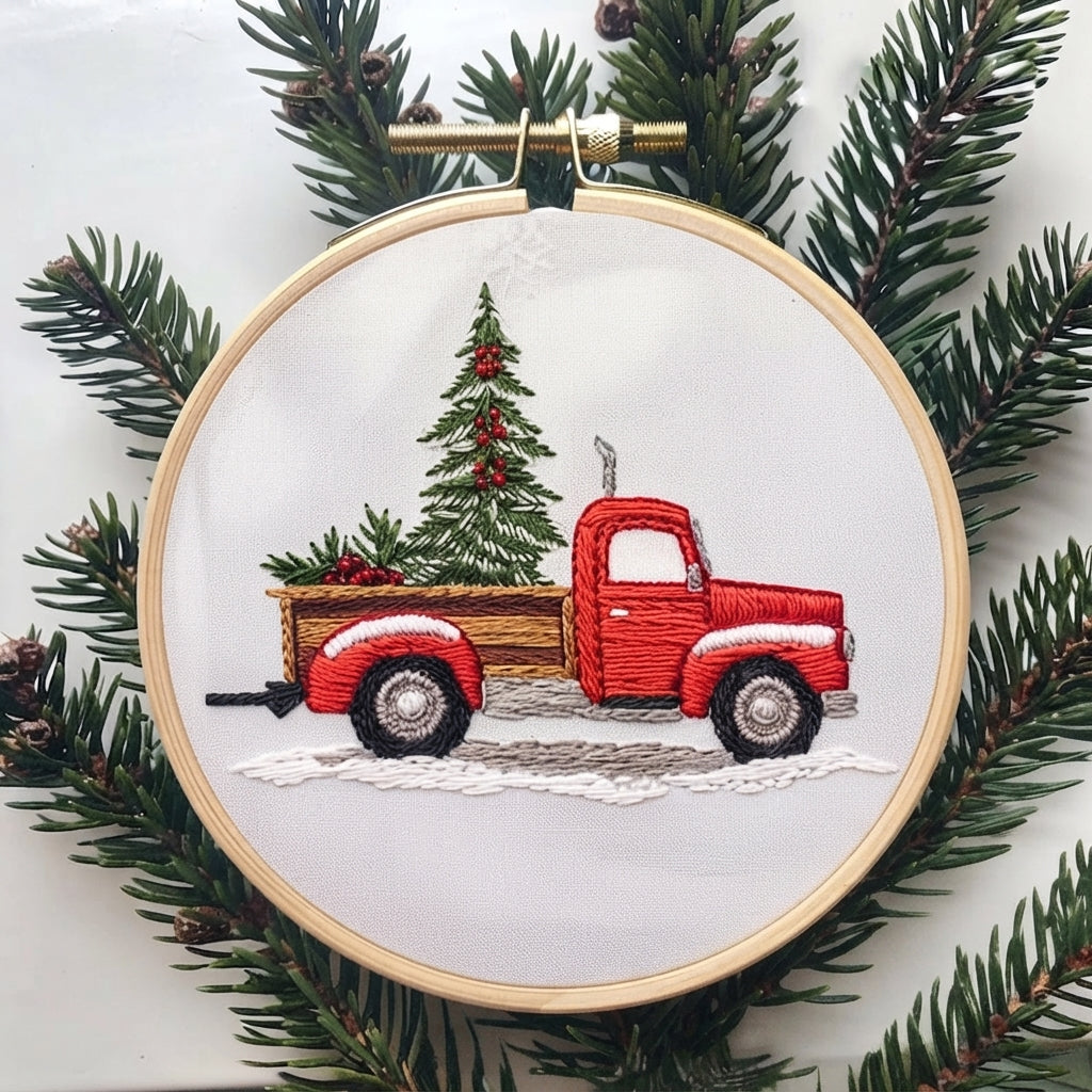A circular embroidery hoop displays a festive design of a red vintage pickup truck carrying a green Christmas tree, surrounded by pine branches on a white background.
