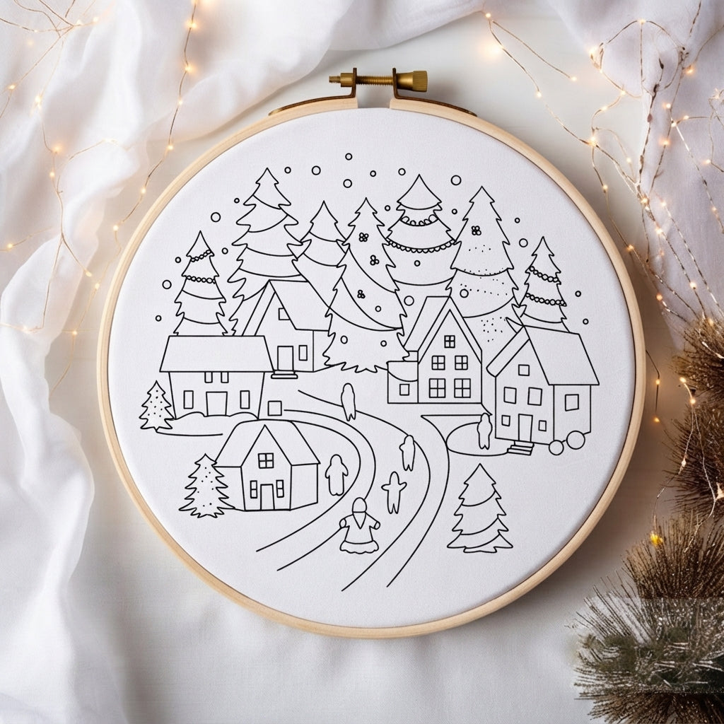 A circular embroidery hoop containing a black line-art winter village design on white fabric, styled with draped white fabric, warm fairy lights, and decorative pine branches around it.