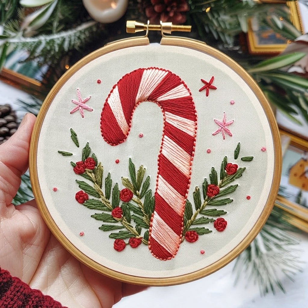A hand holds a round embroidery hoop featuring a festive Christmas design with a red and white striped candy cane, green pine branches, red berries, and small pink star accents on a cream fabric background.