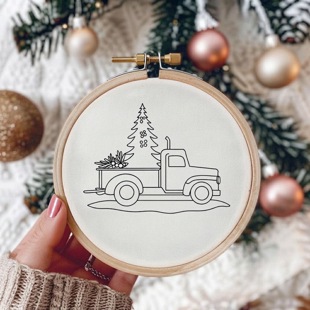 A hand with pink nail polish holds a wooden embroidery hoop featuring a black line art design of a vintage pickup truck carrying a Christmas tree. The background is a soft-focus holiday scene with pine branches and metallic rose gold and gold Christmas ornaments.