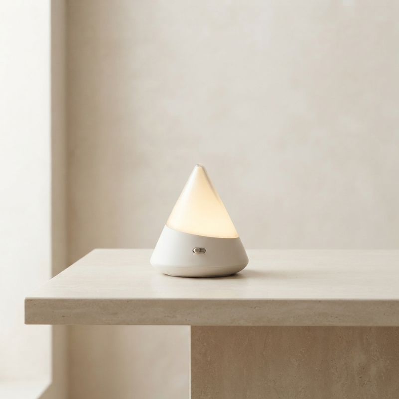 Conical night light on a white surface with a neutral background