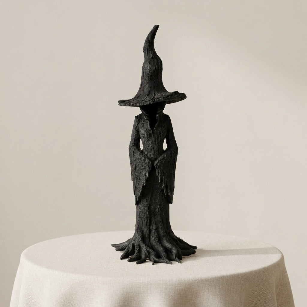 A black, textured figurine of a witch with a tall pointed hat and draped robe, standing on a draped white table against a warm beige background.