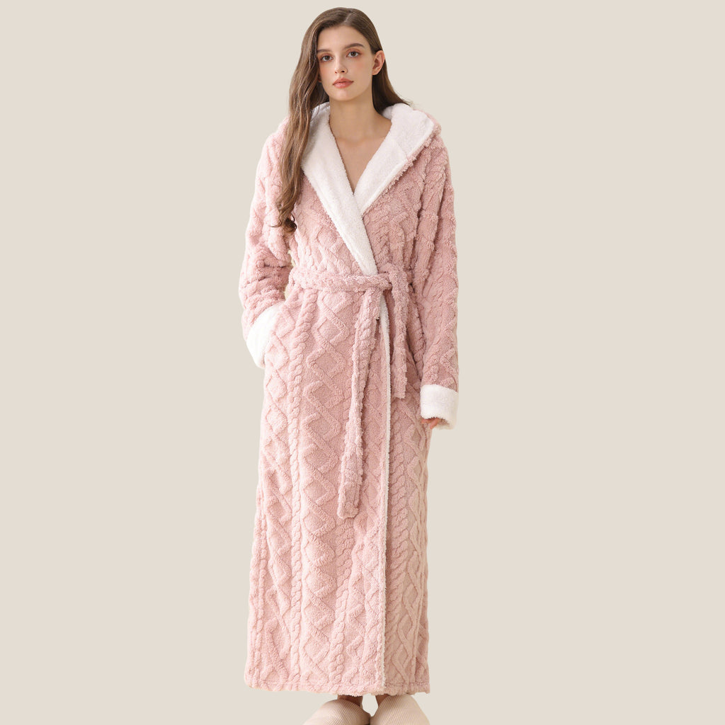 Women’s Robe Hooded Ankle Length Flannel Coral Fleece