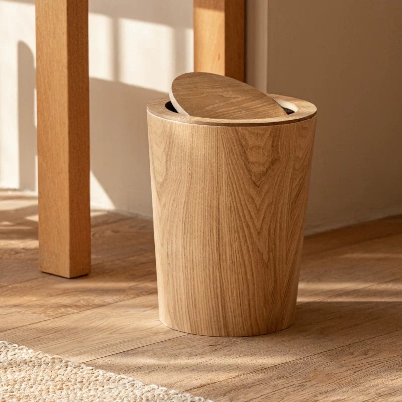 Wooden-Style Kitchen Trash Can - Elegant Design with Rotating Lid 0