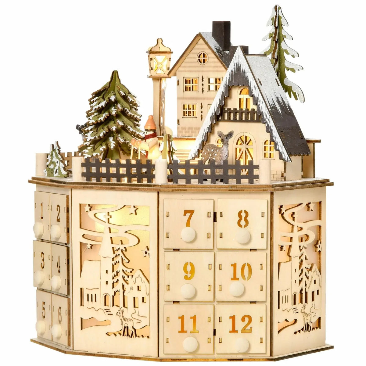 Wooden Advent Calendar with 24 Compartments and Warm LED Light for Holiday Countdown Decoration 0