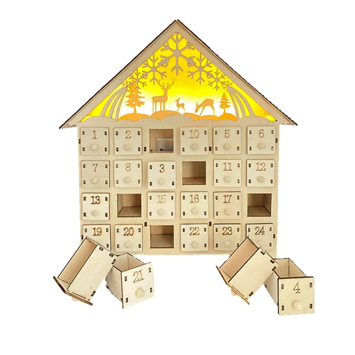 Wooden Advent Calendar with 24 Compartments and Warm LED Light for Holiday Countdown Decoration 1