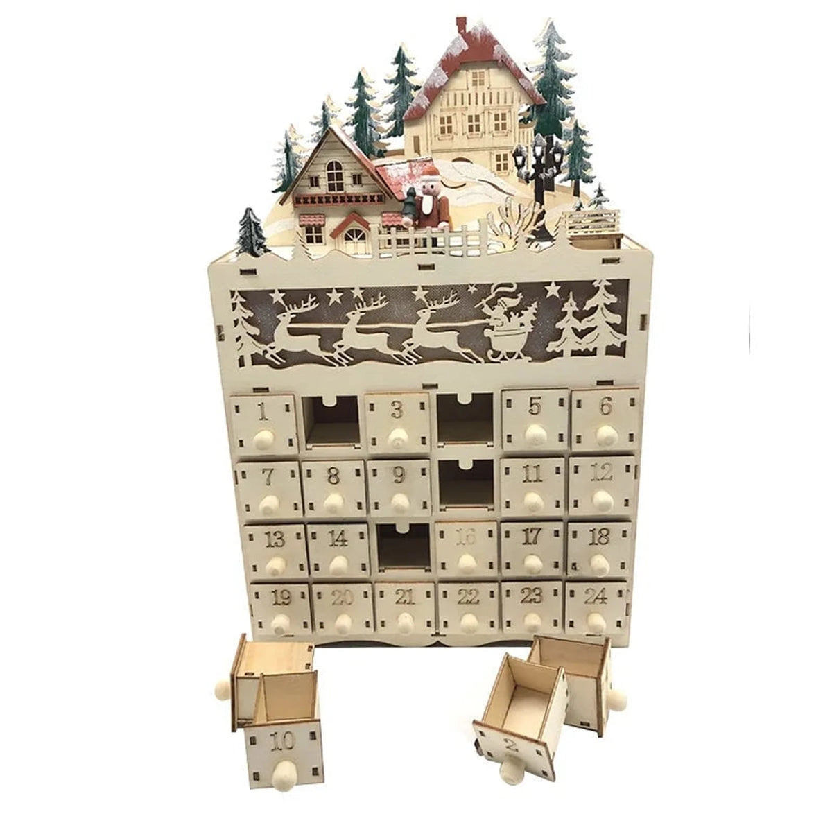 Wooden Advent Calendar with 24 Compartments and Warm LED Light for Holiday Countdown Decoration 3