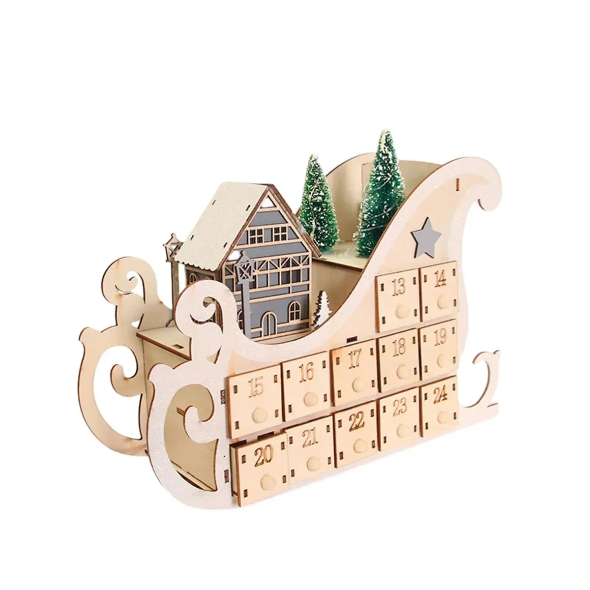 Wooden Advent Calendar with 24 Compartments and Warm LED Light for Holiday Countdown Decoration 4