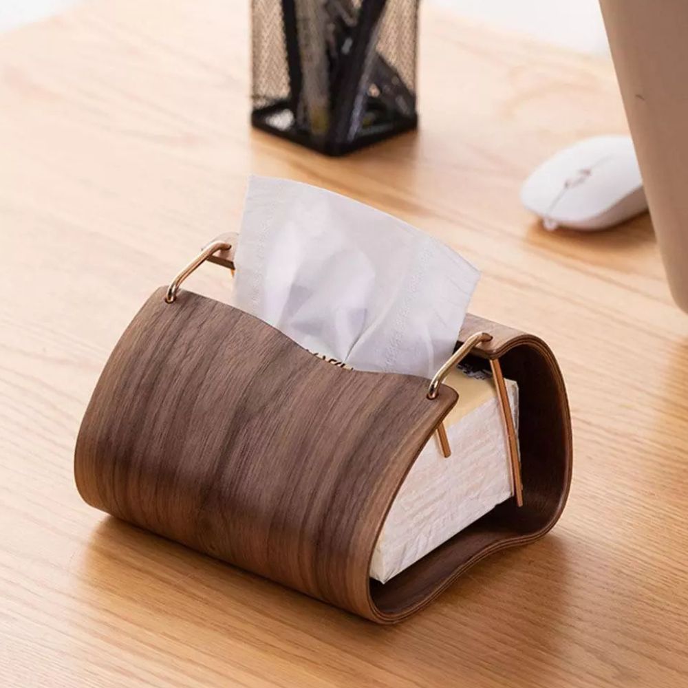 Wooden Brass Tissue Box Cover - Durable Walnut with Easy Access 2