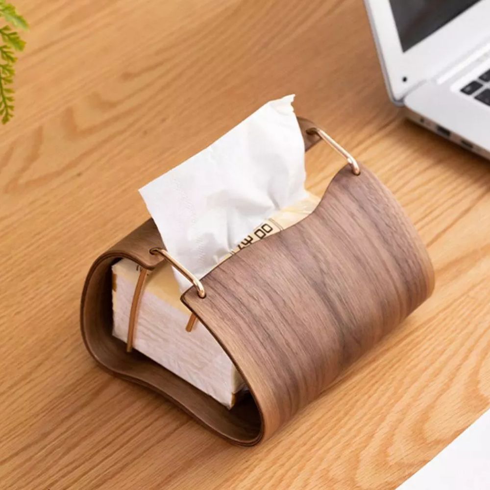 Wooden Brass Tissue Box Cover - Durable Walnut with Easy Access 3