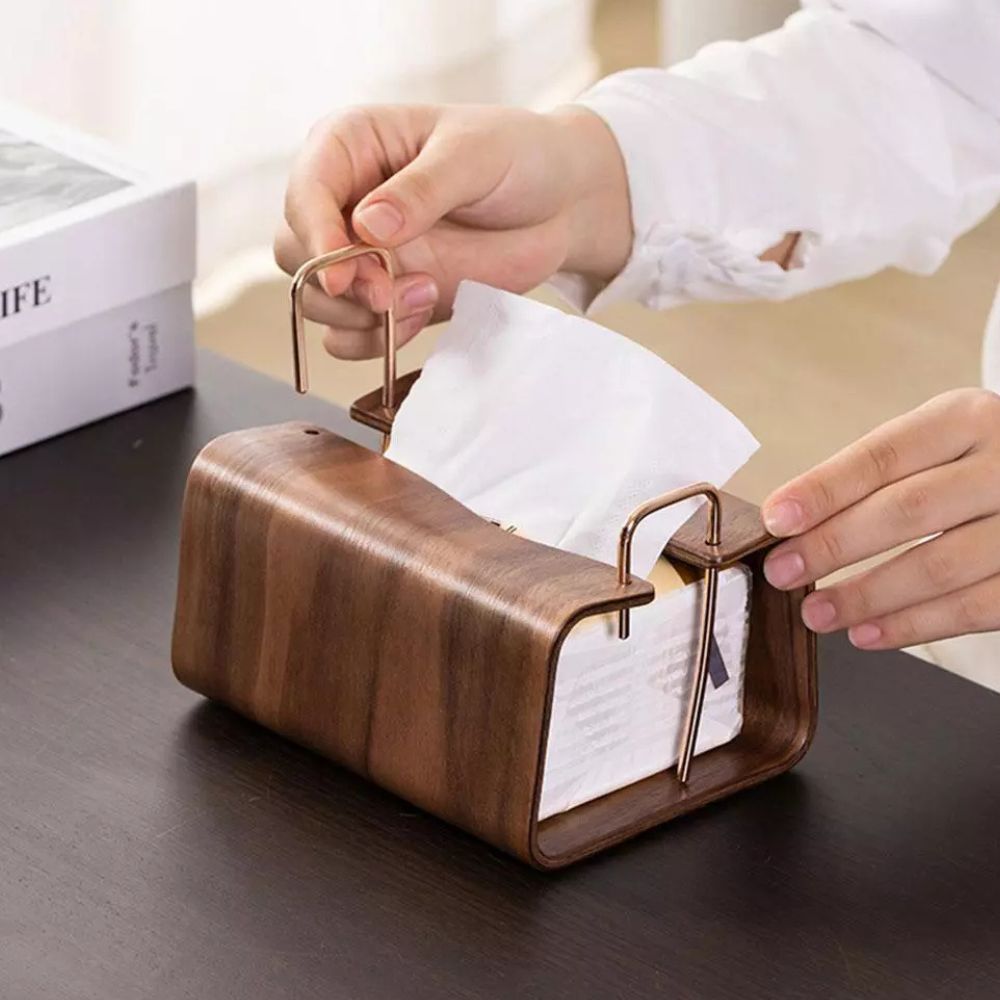 Wooden Brass Tissue Box Cover - Durable Walnut with Easy Access 7