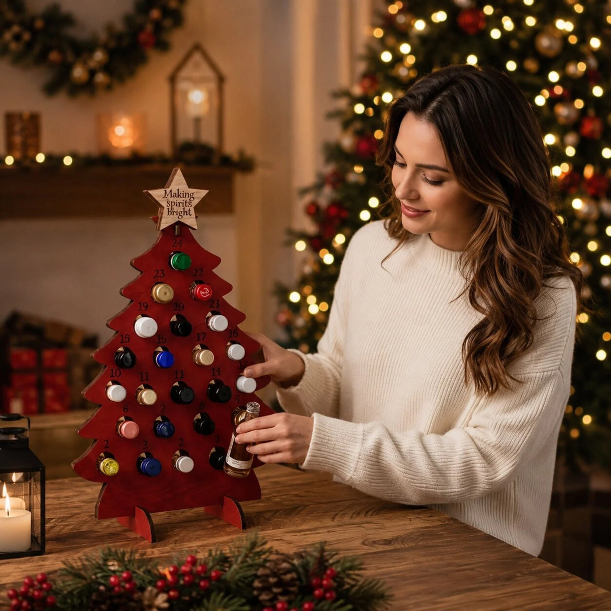 Wooden Christmas Tree Advent Calendar with 24 Compartments for Mini Bottles – Freestanding Holiday Decor 6
