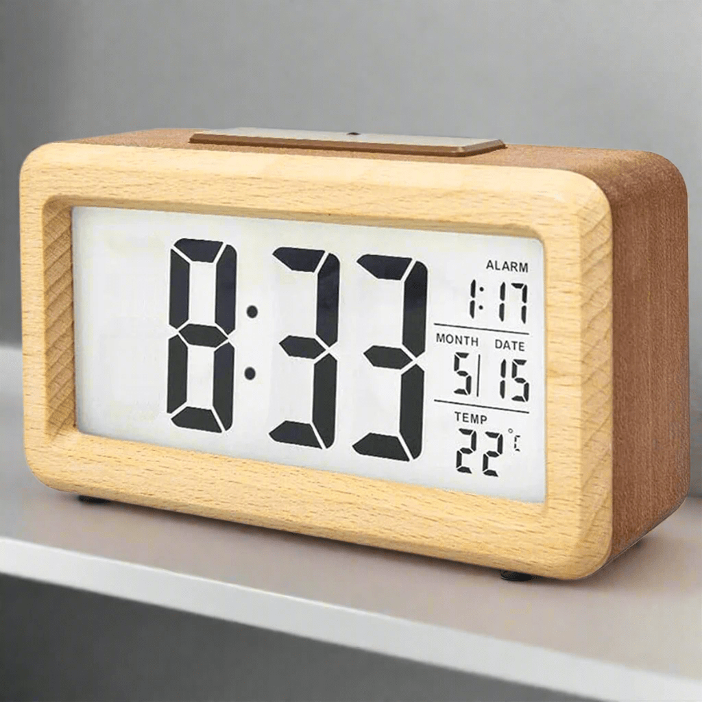 Wooden Digital Alarm Clock - Elegant Design with Multi-Function Display 0