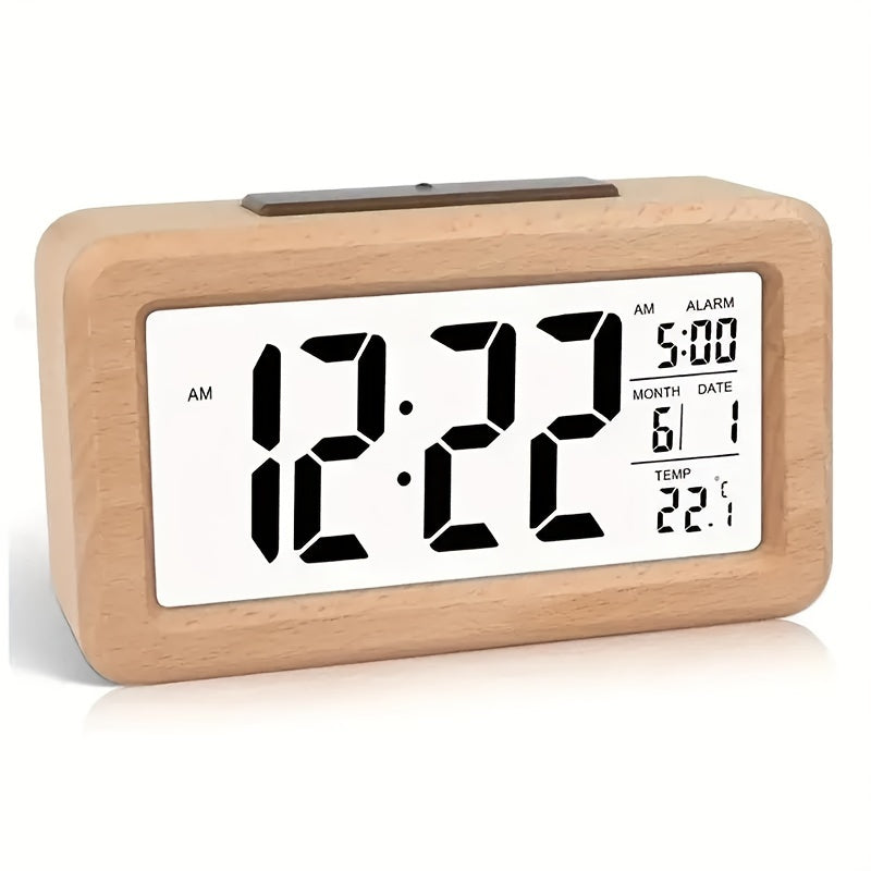 Wooden Digital Alarm Clock - LED Display with Time, Date & Temperature 3
