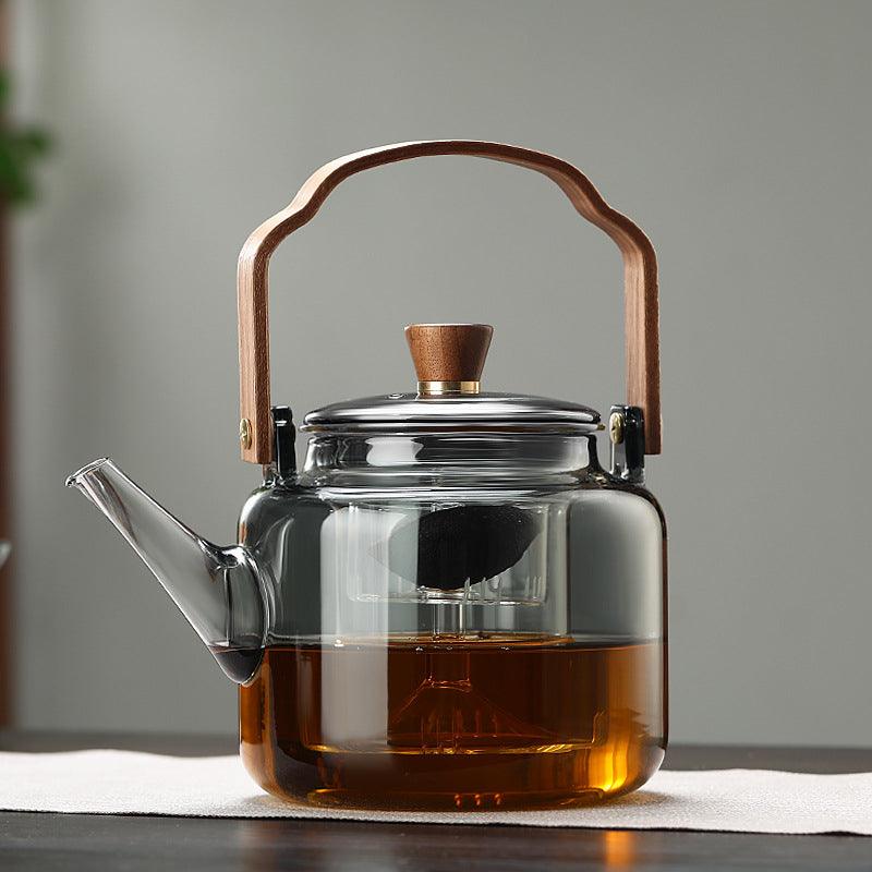 Wooden Glass Teapot with Infuser - Elegant Design for Perfect Brewing 0